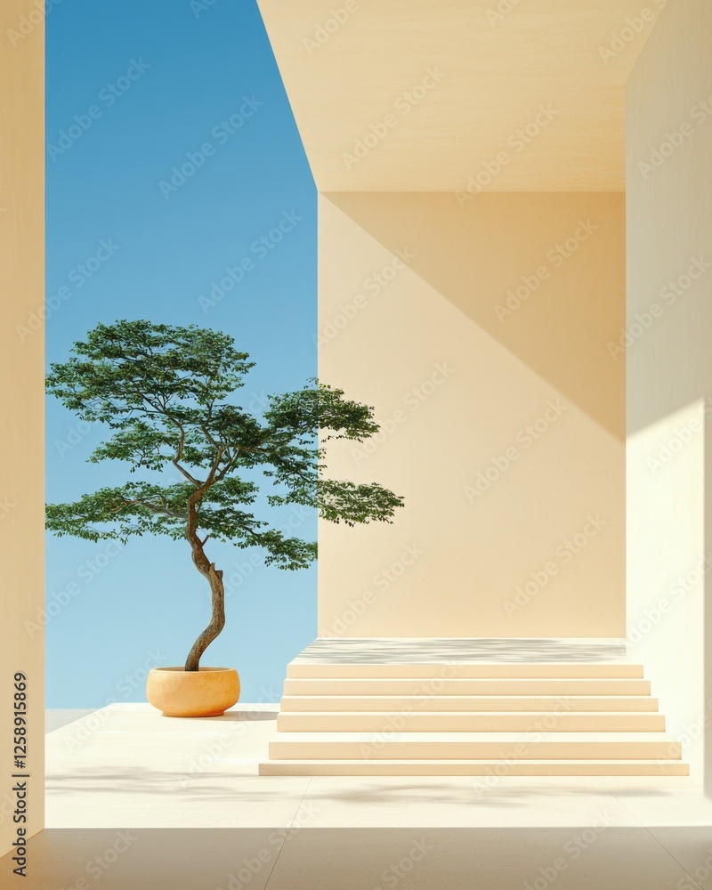 Poster serene minimalist architecture with bonsai tree modern space artistic design calm environment bright