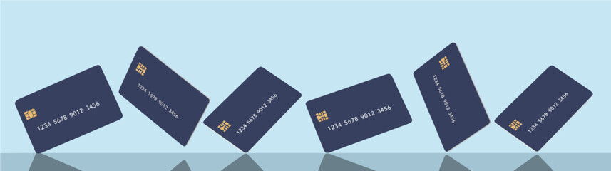 Six generic mock credit cards are seen on a graphic design background 