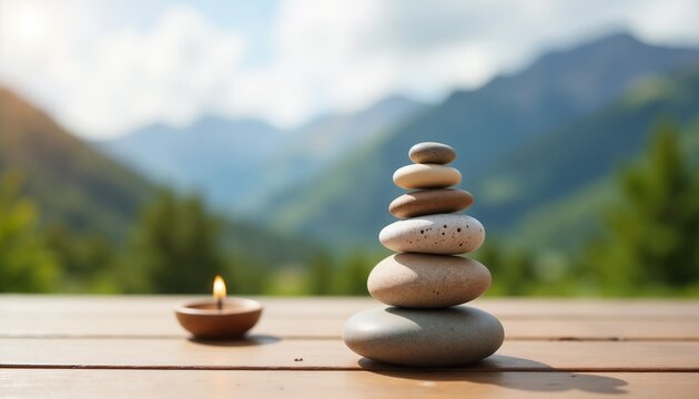 Stack of chakra balancing stones with candle on wooden table in serene mountain landscape
