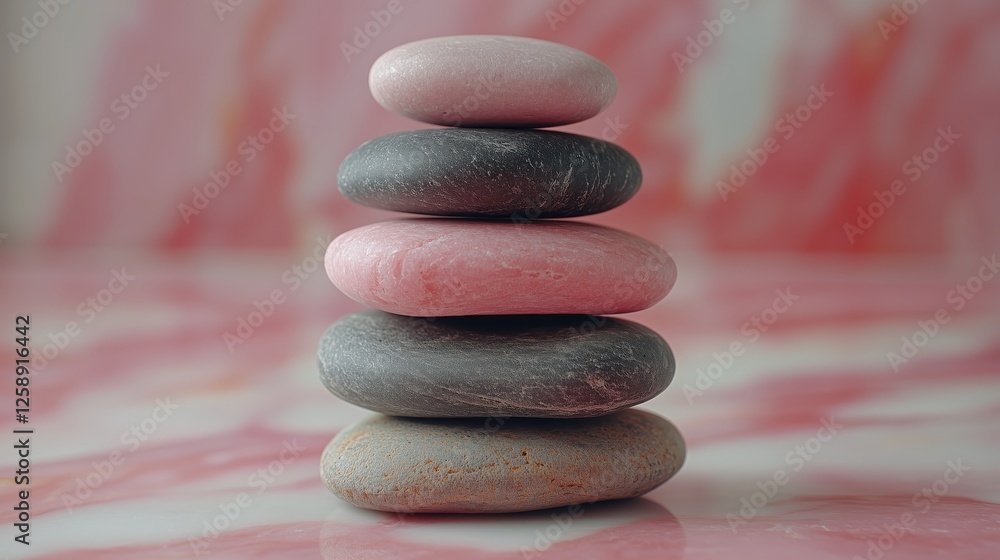 Aufkleber stacked pebbles resting on a smooth surface with a pink marbled background in a serene setting
