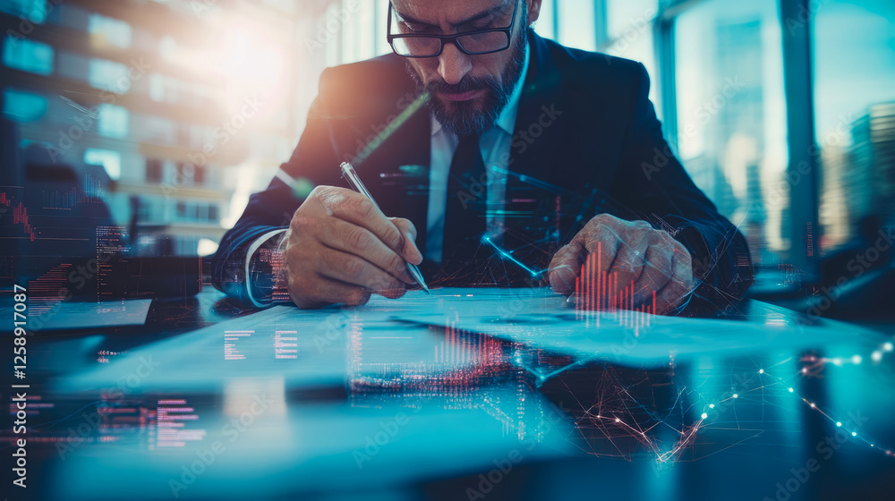 Poster financial analytics: a businessman analyzing data charts and graphs with futuristic interface, plann