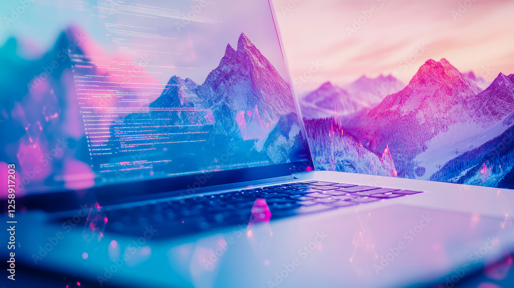 Poster coding landscape: a laptop displaying code overlays on a mountain scenery, illuminated by a neon glo