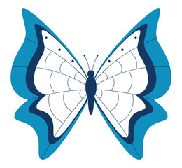 Blue and white abstract butterfly. Colorful butterfly with pattern on wings. Exotic flying insect. Elegant moth. Flat vector illustration isolated on white background.