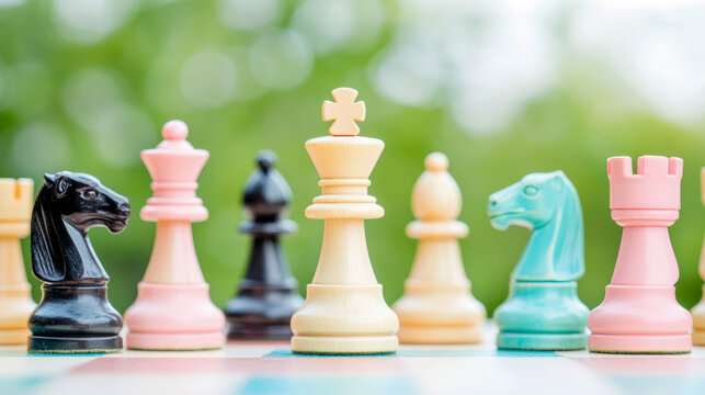 Colorful Chess Game Strategy: playful arrangement of pieces ready for strategic board game, set against serene green bokeh