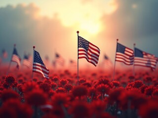 Obraz premium American flags over national cemetery. Honor and respect for Holidays 26th May Memorial Day and 4th July American Independence Day Concept.