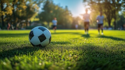 Children playing soccer in a sunny park during late afternoon