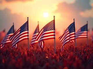 American flags over national cemetery. Honor and respect for Holidays 26th May Memorial Day and 4th July American Independence Day Concept.