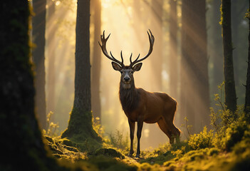 Majestic red deer stag standing in a sunlit forest with misty light rays