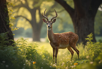Naklejka premium Spotted deer standing in a sunlit meadow surrounded by lush greenery