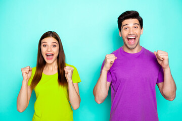 Portrait of his he her she nice attractive lovely glad cheerful cheery couple celebrating...