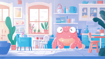 Whimsical interior scene with a friendly amphibian character in a charming kitchen setting.