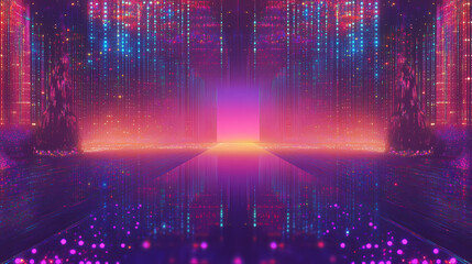 Vibrant and captivating digital background featuring a dynamic grid of interconnected dots and shimmering lines creating a futuristic sci fi inspired atmosphere. Enchanted Foglands. Illustration