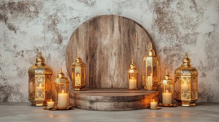 Golden Moroccan Lanterns with Candles on Wooden Platform against Rustic Wall