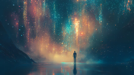 Vibrant and captivating digital background featuring a dynamic grid of interconnected dots and shimmering lines creating a futuristic sci fi inspired atmosphere. Enchanted Foglands. Illustration