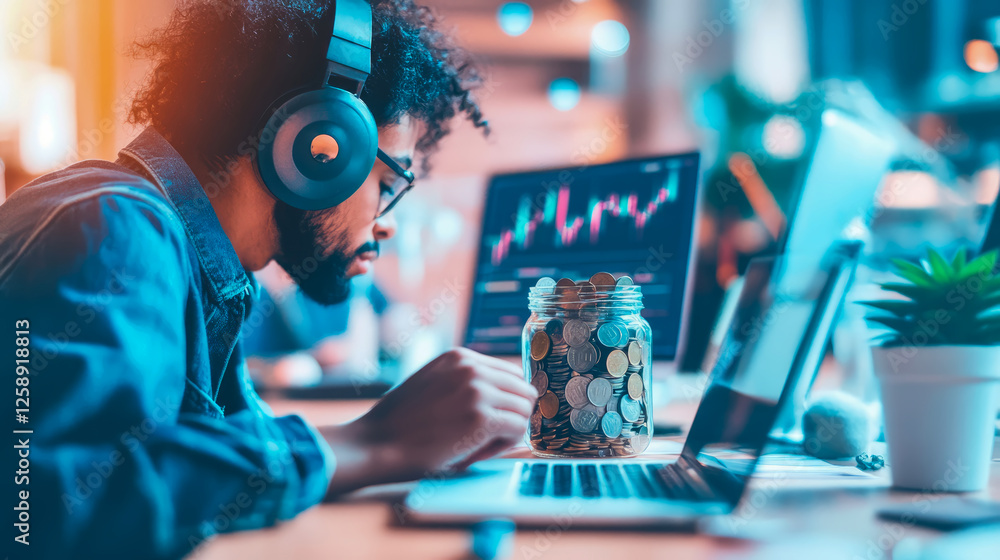Aufkleber investing in the digital age: a man monitoring a stock graph with coins saved for a secure future