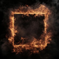Fiery square frame, smoke background, dark studio, design element