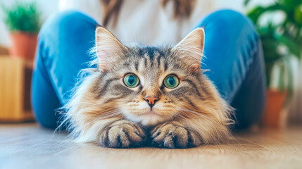 Portrait of a Siberian cat lounging serenely between owner's legs
