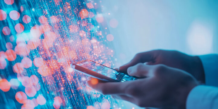 Tech: Man interacts with a mobile among digital network, blue and orange light streams, showcasing future connectivity and data flow