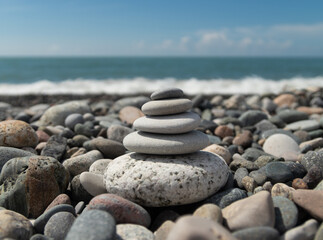 pyramid of pebbles by the sea, the concept of Zen, meditation and relaxation