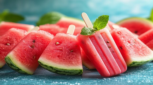 Colorful watermelon popsicles arranged on a vibrant blue background with fresh mint