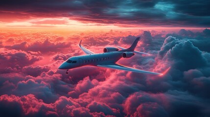 Fototapeta premium Private Jet Soaring Above Sunset Cloudscape