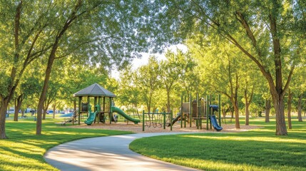Obraz premium Shaded Playground with Slides and Climbing Structures
