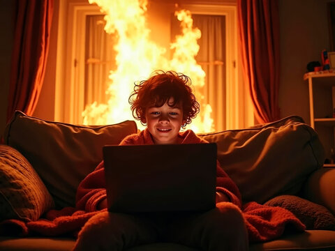 a boy enthusiastically plays on computers in the room where the fire started