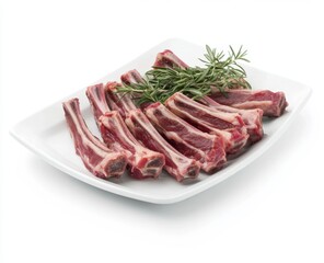 Fresh lamb ribs on white plate, rosemary garnish, studio shot