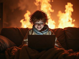 a boy enthusiastically plays on computers in the room where the fire started