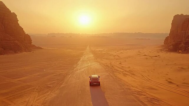 Red sedan traversing empty desert highway during golden sunset near Al 'Ula, Saudi Arabia