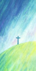 Cross a grassy hill under a dramatic blue sky. Digital painting with expressive brushstrokes and vibrant colors. Christian faith and Easter celebration concept. 