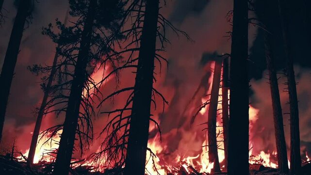 Flames devour the forest, turning centuries-old trees into ashes, and acrid smoke covers the horizon.