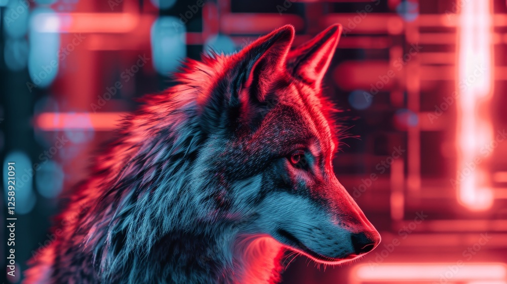 Aufkleber a captivating side profile of a wolf surrounded by neon red and blue lights in a futuristic setting.