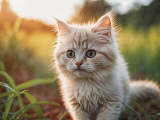 Playful Fluffy Kitty Sitting outdoors