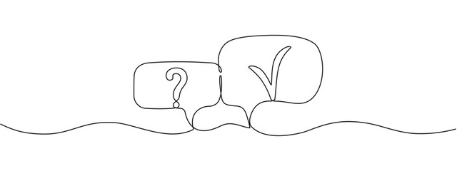 Question mark and check marks in speech bubbles in one continuous line. Survey game concept, cancel icons, or clarification, confirmation question in simple linear style. Vector editable illustration