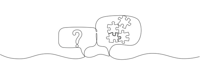 Question puzzles in speech bubbles with one solid line. Concept problem solving, business solutions, education in simple linear style. Vector editable illustration