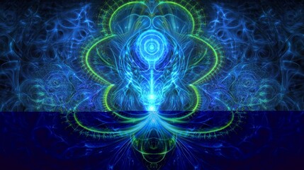 Abstract fractal art with blue and green glowing energy patterns, symmetrical design.