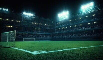 Obraz premium Night stadium soccer field, goal, crowd, lights, game