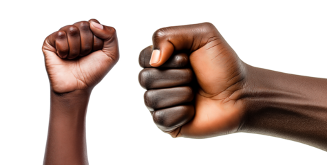 Two raised fists of a black person isolated on a blank background. Representation of power, resistance, and social movements of racial equality.