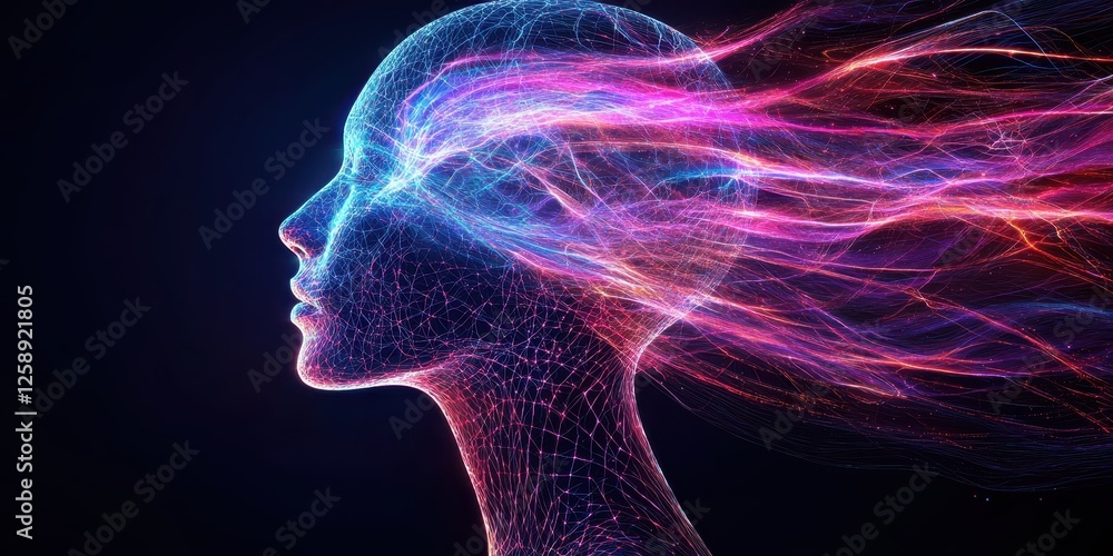 Poster ai neural network development. digital artwork of a glowing head with flowing light trails on a dark