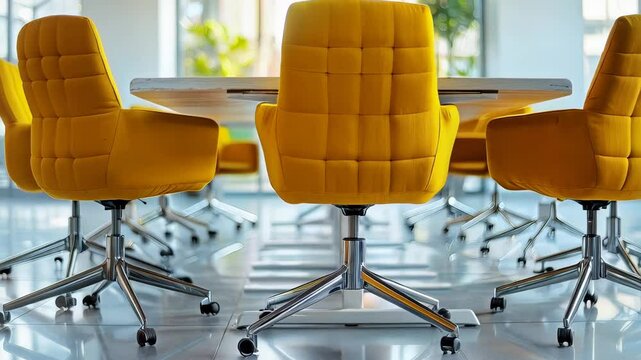 Sunlight illuminating yellow swivel chairs circling conference table, modern workspace interior design with bright, open layout