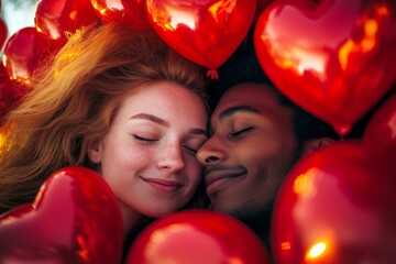 Commercial promotion concept graphic artwork. Valentine's day, enamored couple: impressive vivid image of loving mixed-race young lovers. Sign of love and affection. Couple chemistry.