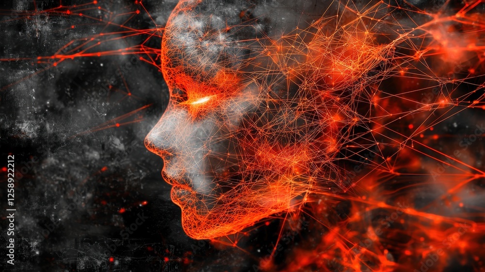 Poster ai neural network development. a fiery abstract representation of a human face, merging technology a