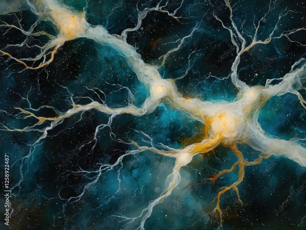 Poster ai neural network development. abstract cosmic illustration depicting neural connections and vibrant