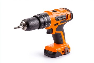 Orange cordless drill, studio shot, against white background