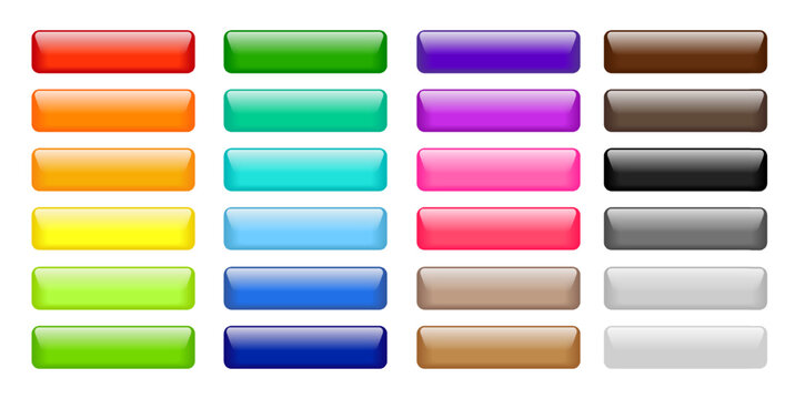 Glossy rectangle web buttons. 3d color glass icons. Set of red, green, blue, pink and black bars with reflection for website and Internet design. Modern blank buttons, vector illustration