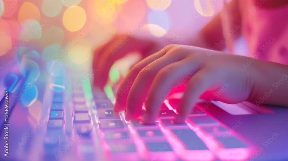 Poster close-up of hands typing on a glowing rainbow-colored keyboard in a dreamy, vibrant setting with sof