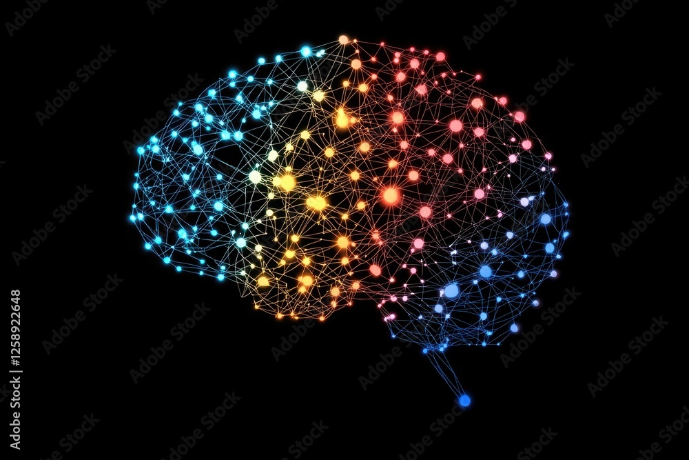 Aufkleber ai neural network development. abstract representation of a colorful, connected brain on a black bac