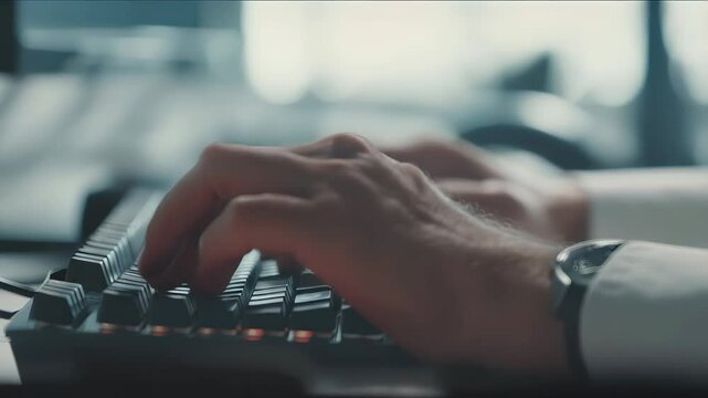 Professional male hands swiftly typing on keyboard, focusing on detailed work within contemporary office workspace, showcasing technological efficiency