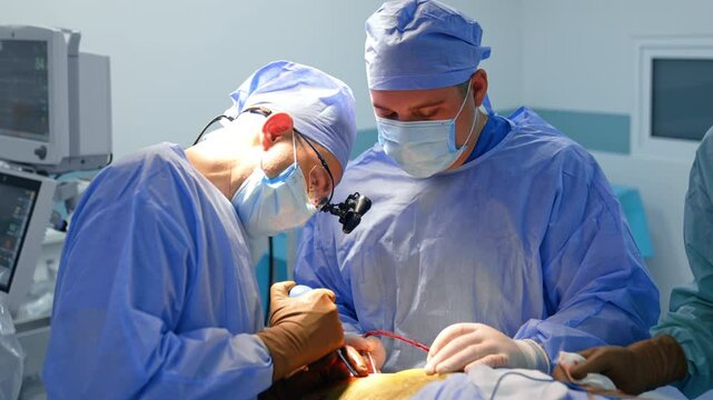 Male surgeon applies surgical tool with much efforts. Neurosurgical operation in modern hospital.
